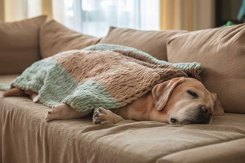 Goldene Labrador Retriever Hündin liegt schlafend und zugedeckt auf dem Sofa